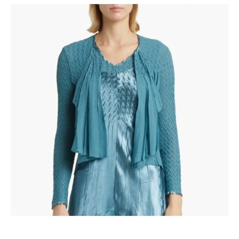 KOMAROV Ruffle Charmeuse & Chiffon Open Front Jacket MED
